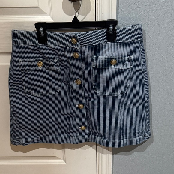 Striped Blue Button-Front Skirt by Free Assembly.  Size 10 - Picture 1 of 3